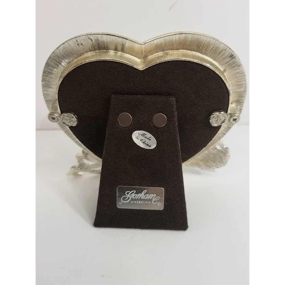 Gorham 1831 Heart Picture Frame Silver Tone Red Rose Rhinestone Bow Enameled